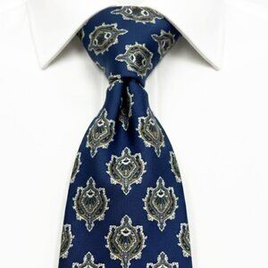 Vtg Eaton's Silk Tie Blue Gold Ornate Medallion Paisley Pattern Made In Canada